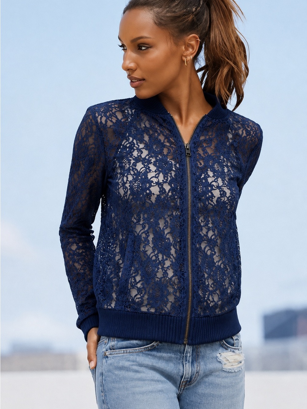 Victoria’s Secret Navy Lace Mesh Bomber Jacket | Coquette Y2K Balletcore | S